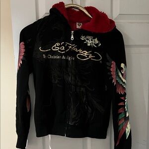 Ed Hardy Black Hoodie with Red and Gold Accents